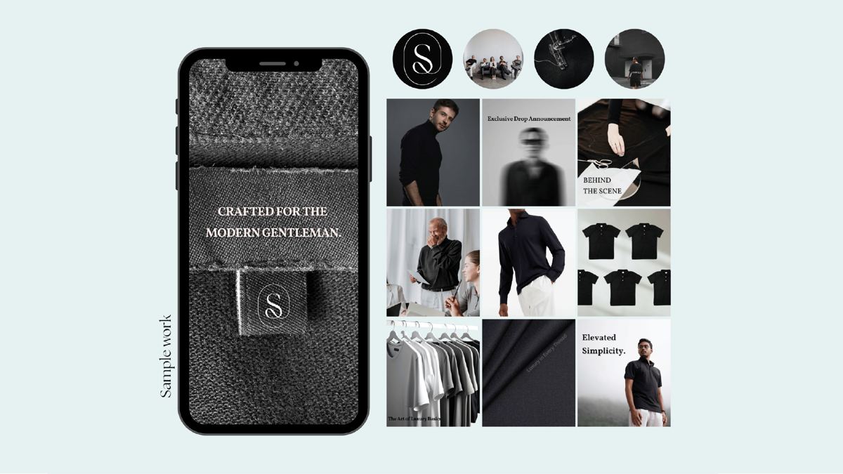 Concept social feed for a menswear brand, shown on a phone with a matching grid