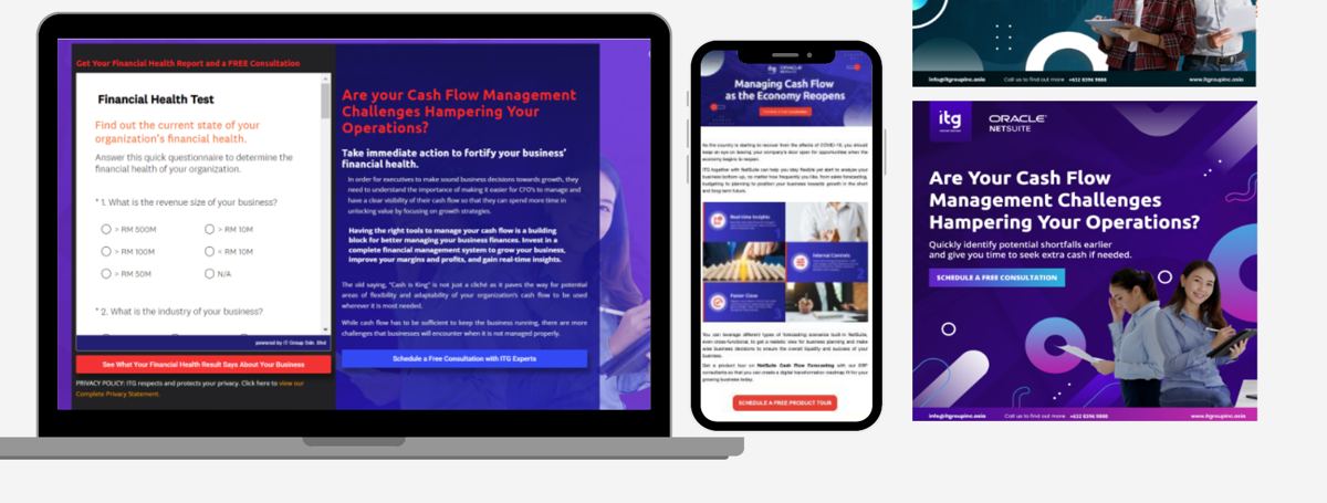 ITG cash flow campaign: interactive financial health test on laptop and phone, with social ads
