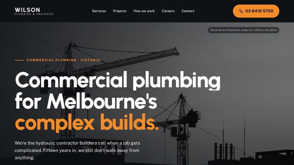Maria's concept redesign of the Wilson Plumbing homepage: a dark hero with a clear promise and two calls to action