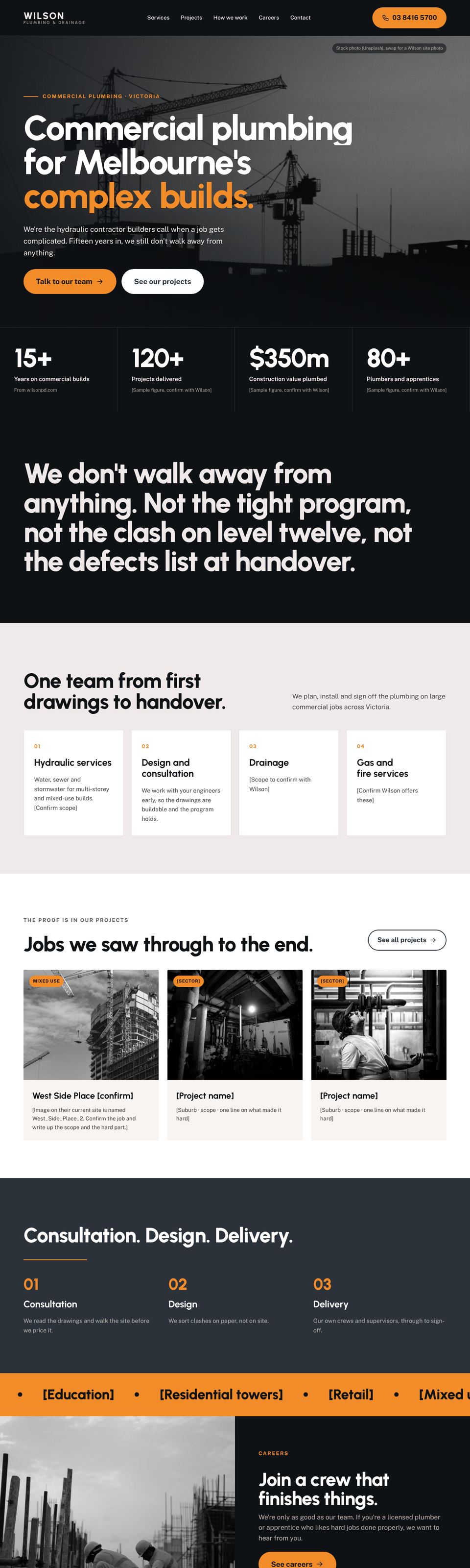 Concept redesign of the Wilson Plumbing homepage: dark hero with proof numbers, services, projects, process and a clear call to action