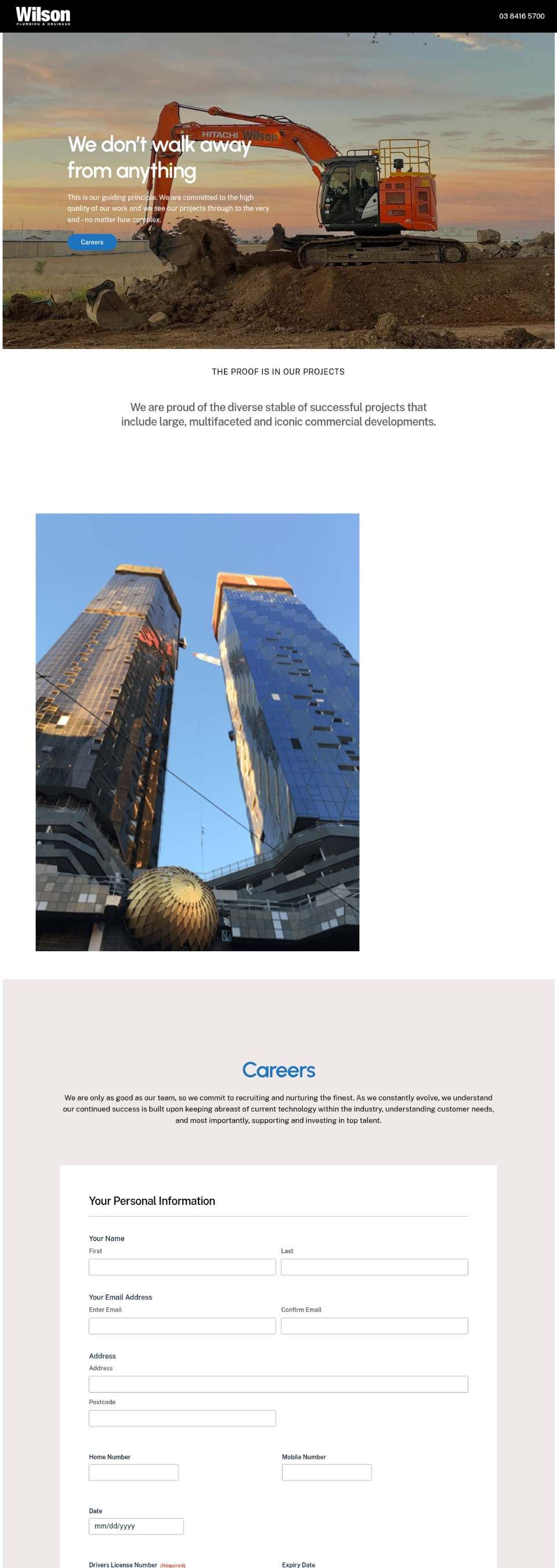 Wilson Plumbing homepage today: a photo hero, a single project photo and a long careers form
