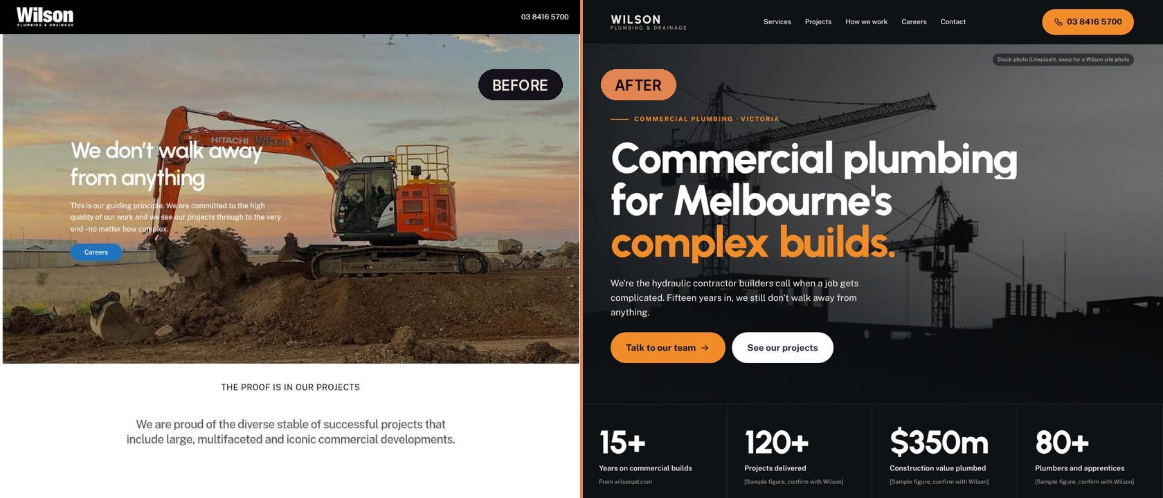 Wilson Plumbing homepage before and after: the live site with a photo hero and little else, next to a dark redesign with a clear promise, calls to action and proof numbers