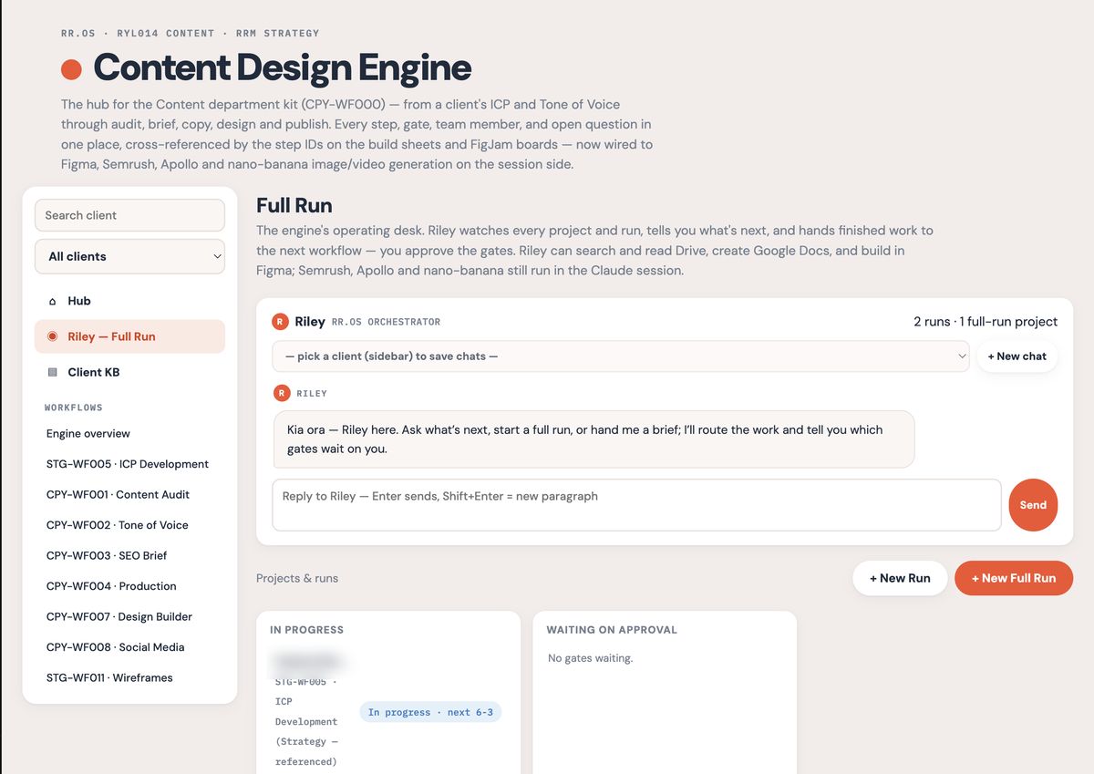 The Content Design Engine hub: a sidebar of content workflows, an AI orchestrator chat that routes work and flags approval gates, and a board of projects in progress