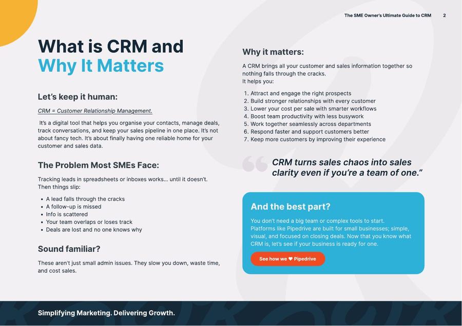 A page from the Roger Roger CRM guide: what CRM is and why it matters, with a pull quote and a call to action