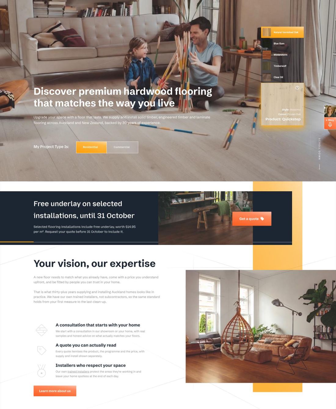 Homepage redesign for an Auckland flooring company: a warm living-room hero, a seasonal offer banner and a section on how they work
