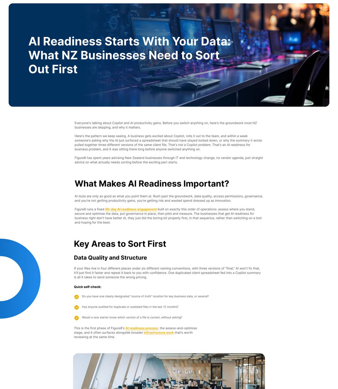 Article page for an NZ managed IT company on AI readiness, with an answer-first introduction and clear question headings