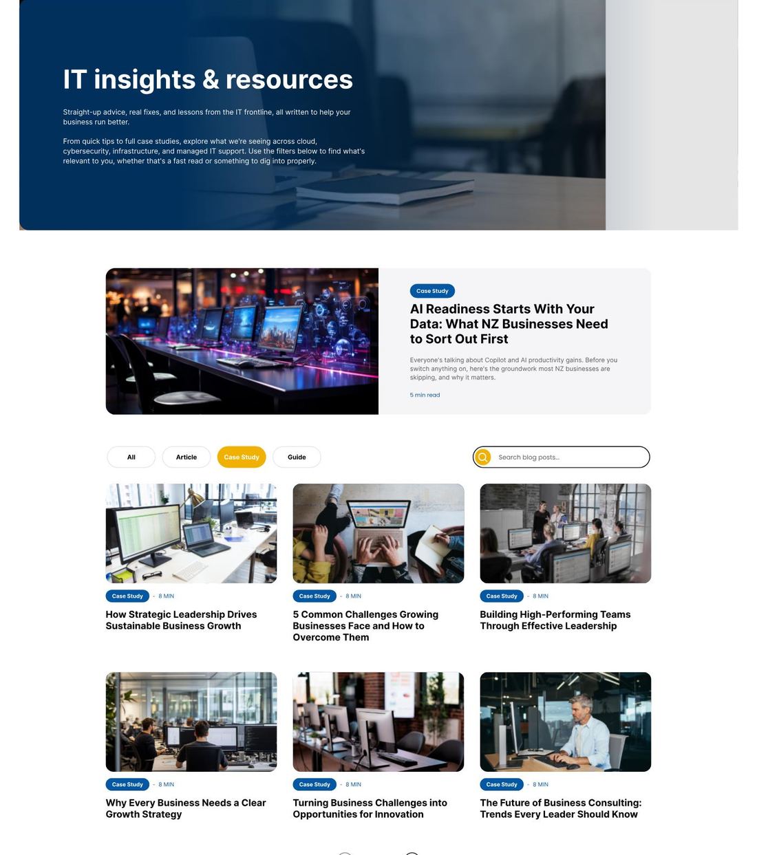 Insights hub page for an NZ managed IT company: a dark blue hero, a featured case study and a grid of articles with filters