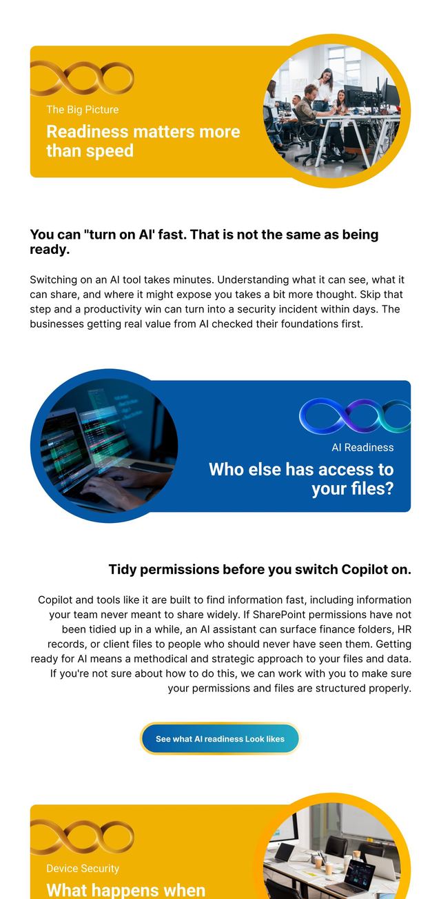 Email newsletter for an IT services company, with blue and yellow section banners on AI readiness